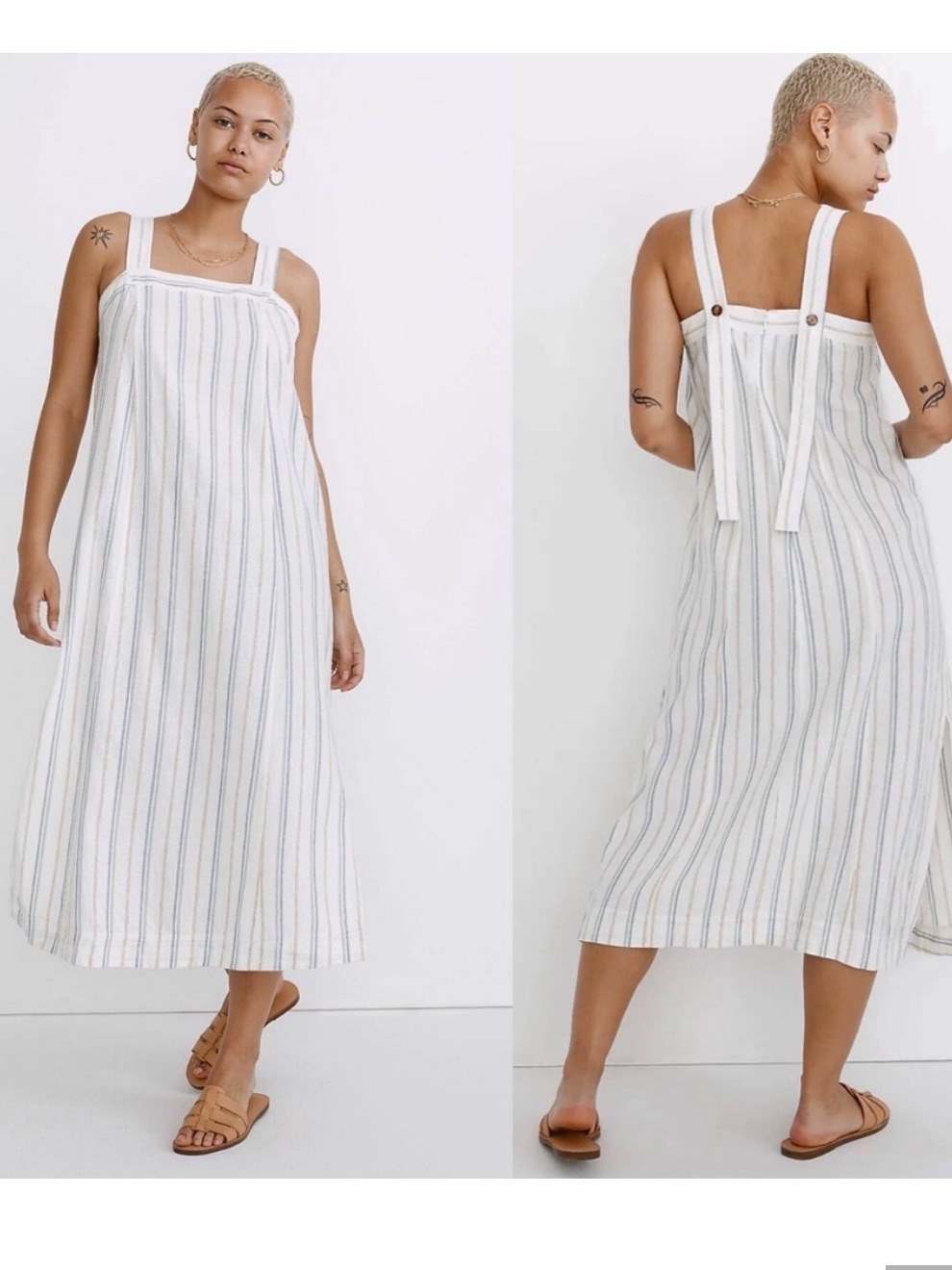 Madewell Linen Coastal Beach Euro Summer Dress Stripe White Princess Seamed M